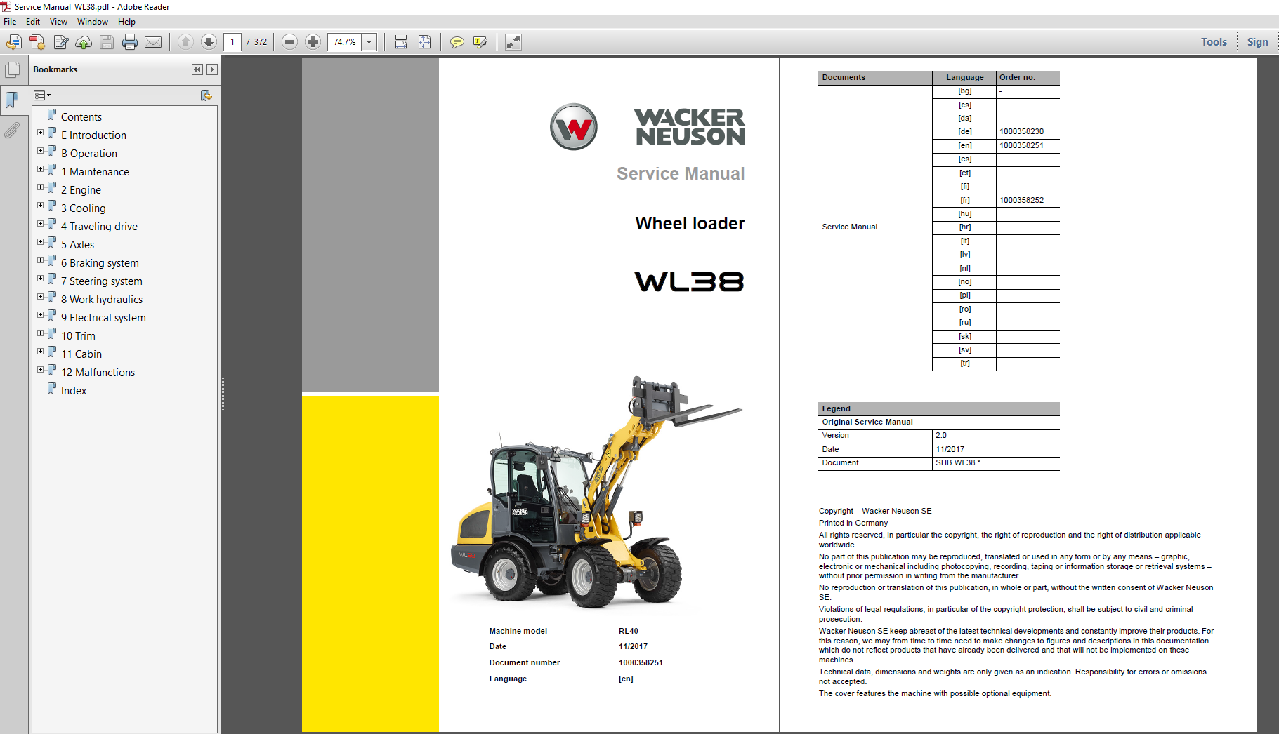 Wacker Neuson WL38 Wheel Loader Service Repair Manual cover featuring the loader and technical illustrations