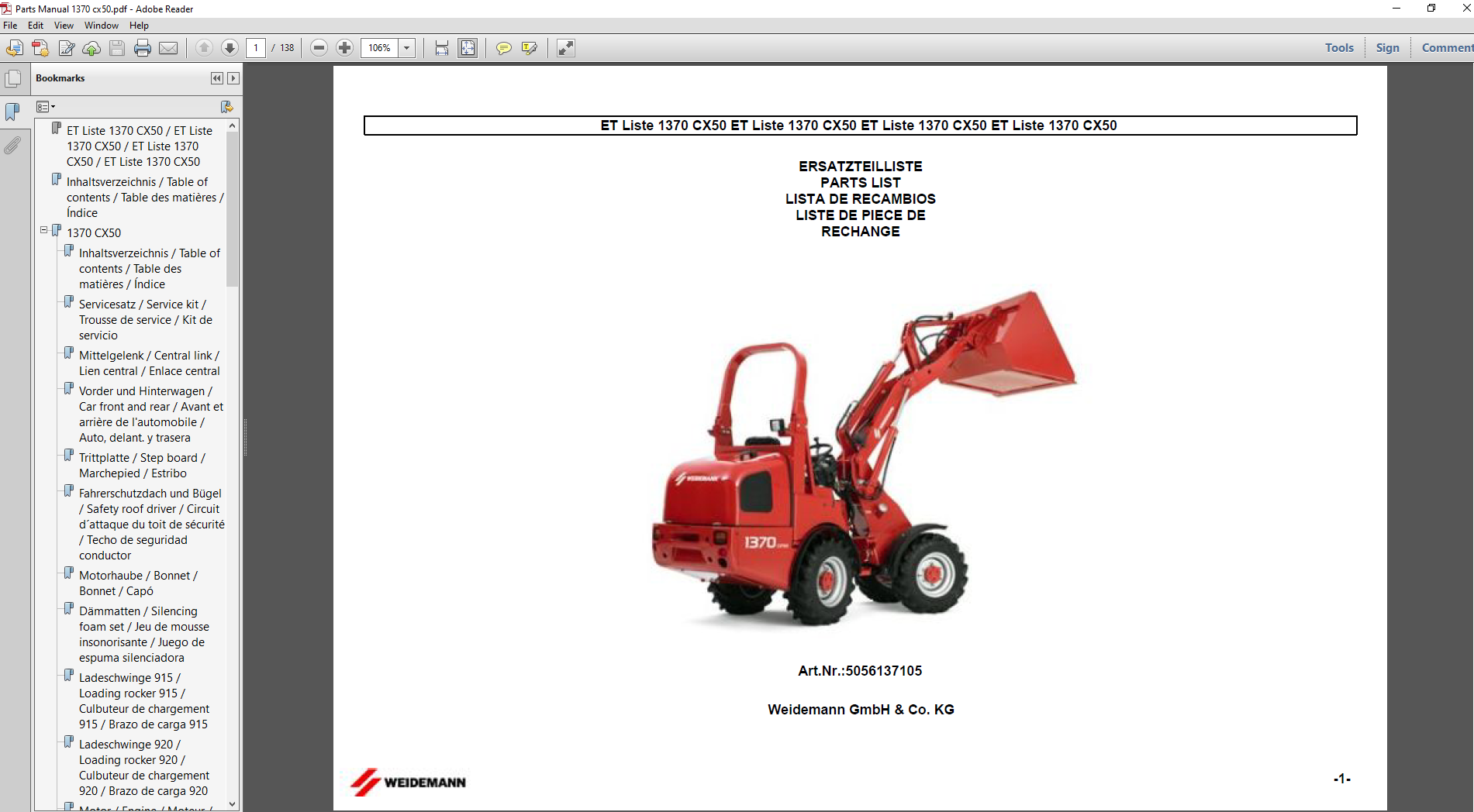 Wacker Neuson Weidemann 1370 CX50 Wheel Loader parts manual, providing essential information on parts and maintenance