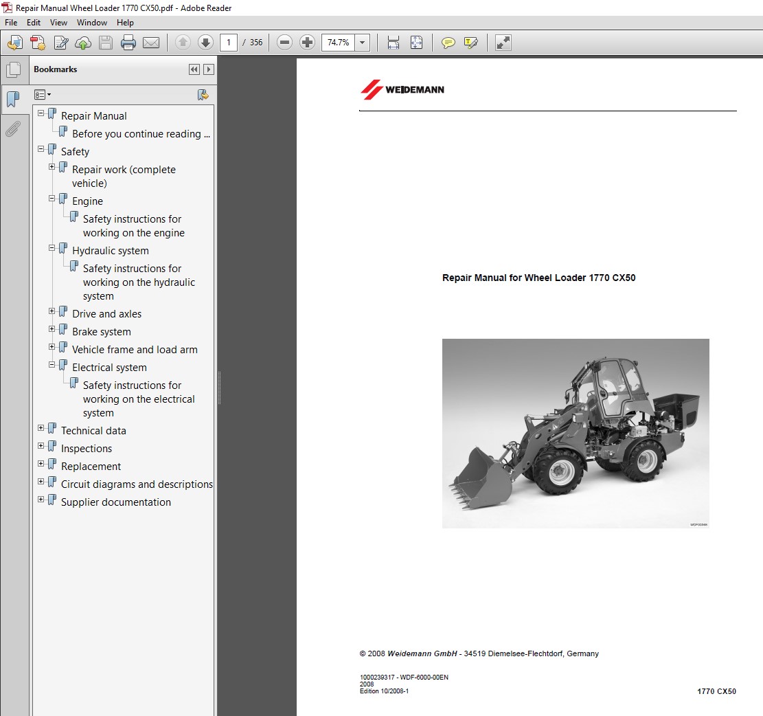 Service repair manual for Wacker Neuson Weidemann 1770 CX50 Wheel Loader, showcasing the loader and essential information