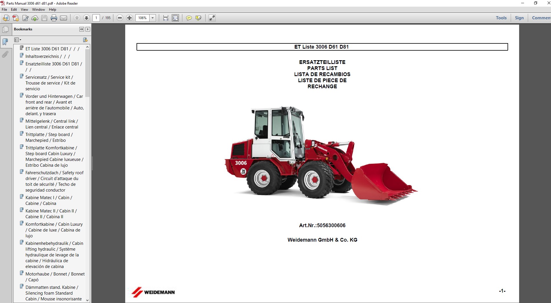 Comprehensive parts manual for the Wacker Neuson Weidemann 3006 D81 Wheel Loader, including diagrams and specifications