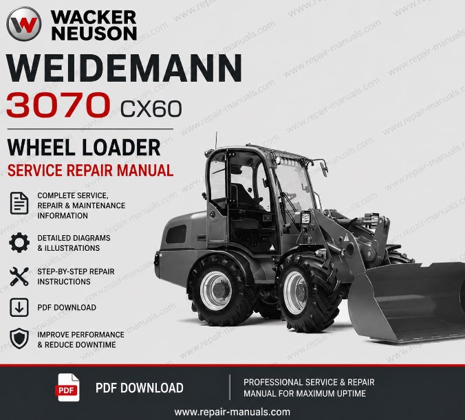 Service repair manual for Wacker Neuson Weidemann 3070 CX60 Wheel Loader, showcasing the loader and essential information