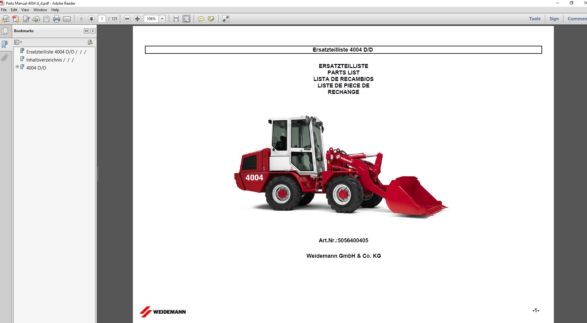 Wacker Neuson Weidemann 4004 D/D Wheel Loader parts manual, providing essential information on parts and maintenance