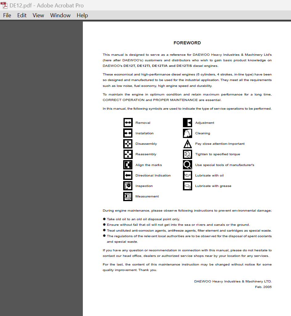Daewoo DE12T DE12TI DE12TIA DE12TIS diesel engine operation and maintenance manual PDF download cover image