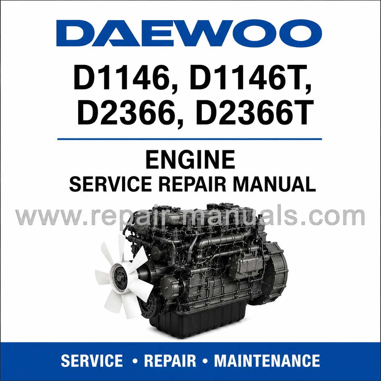 Daewoo D1146 D1146T D2366 D2366T Engine Service Repair Manual PDF download cover image with diesel engine illustration