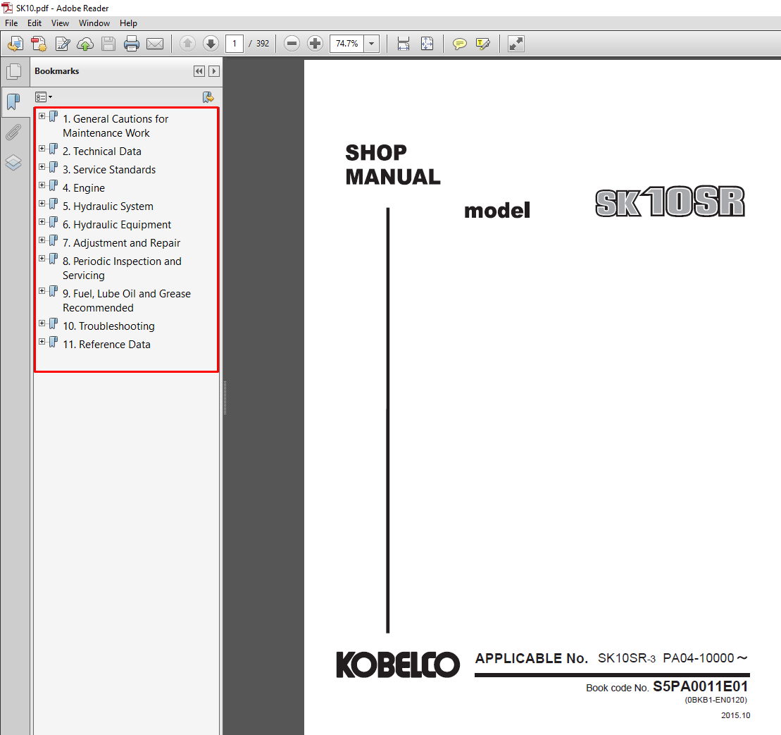Kobelco SK10SR Excavator workshop repair manual cover featuring the model name and technical illustrations