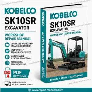 Kobelco SK10SR Excavator repair manual cover with the model title and technical graphics for maintenance guidance