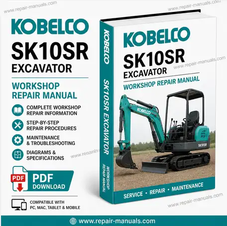 Kobelco SK10SR Excavator repair manual cover with the model title and technical graphics for maintenance guidance