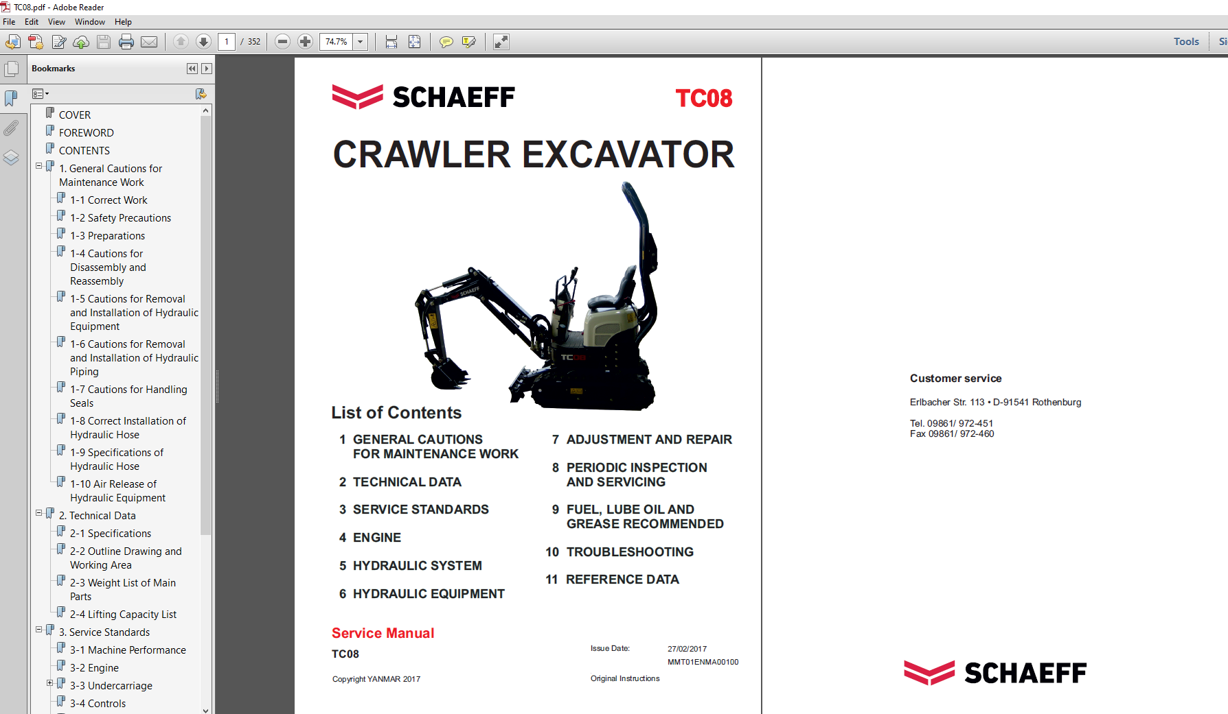 Service Repair Manual for Schaeff TC08 Excavator