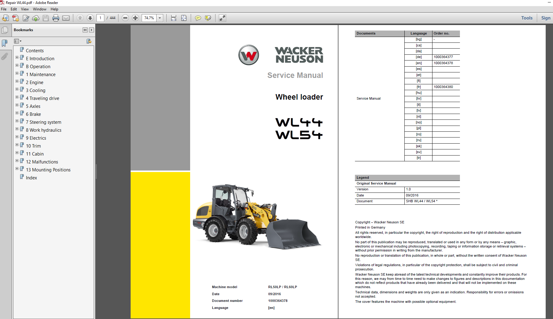 Wacker Neuson WL44 Wheel Loader Service Manual cover with images of the loader and repair instructions