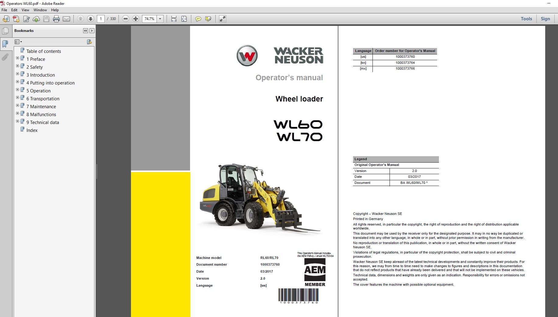 Wacker Neuson WL60 WL70 Wheel Loader Operator Manual PDF Download