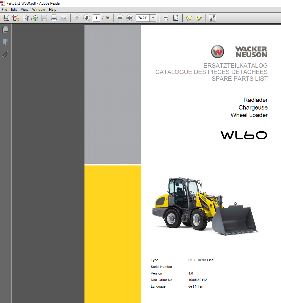 Wacker Neuson WL60 Wheel Loader Parts Manual, illustrating parts and assembly for maintenance and repair guidance