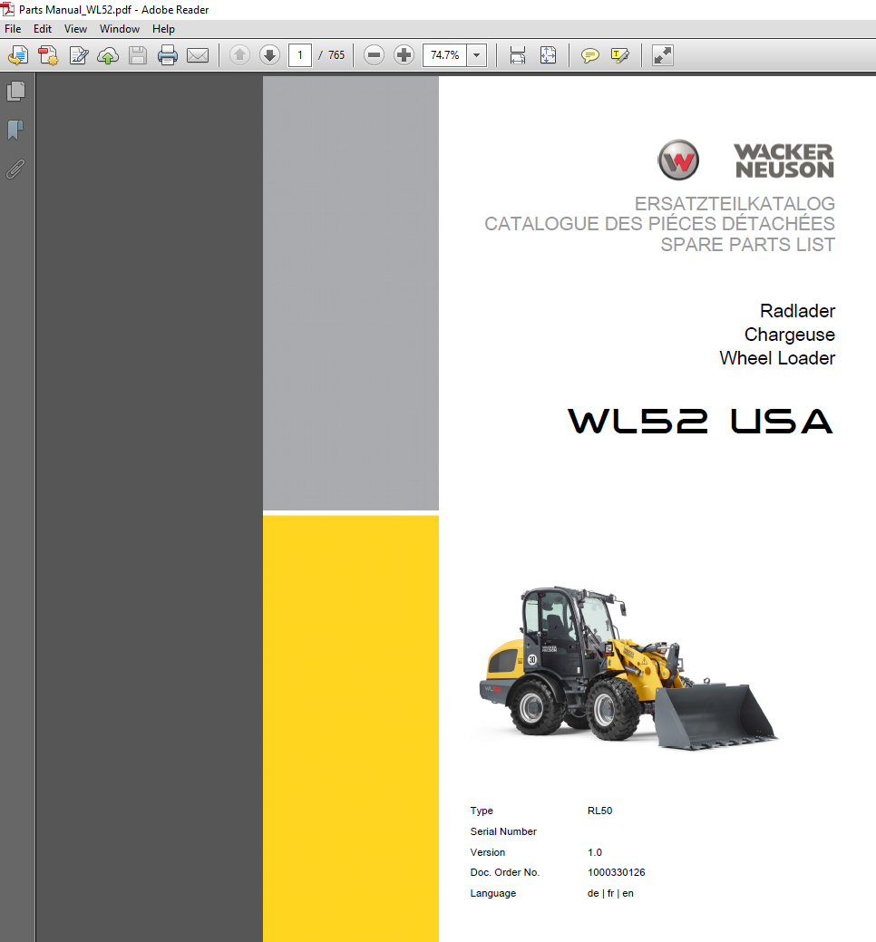 Wacker Neuson WL52 Wheel Loader Parts Manual, showcasing parts illustrations and technical specifications