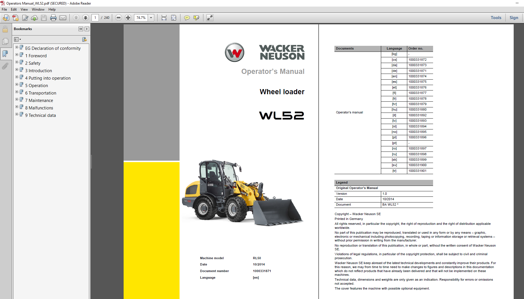Cover of Wacker Neuson WL52 Wheel Loader Operator's Manual, showcasing the loader with the manual title clearly visible