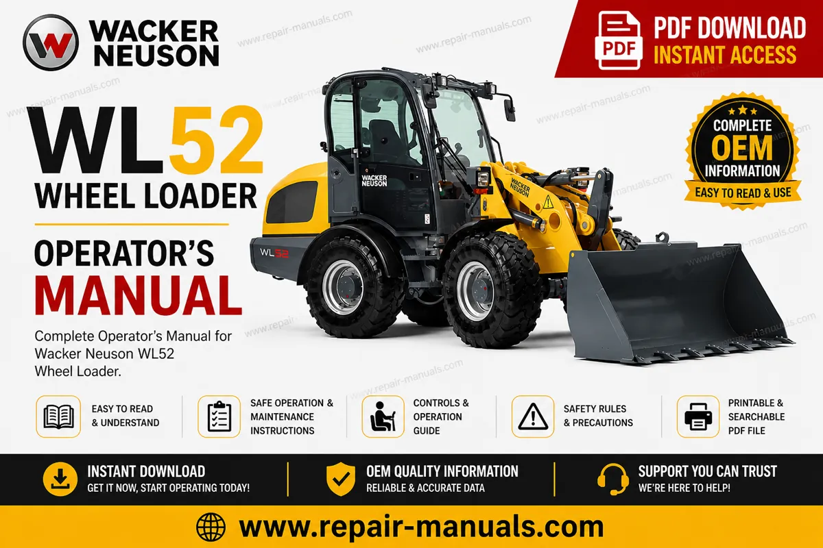 Operator's Manual for Wacker Neuson WL52 Wheel Loader, displaying the loader image and title prominently