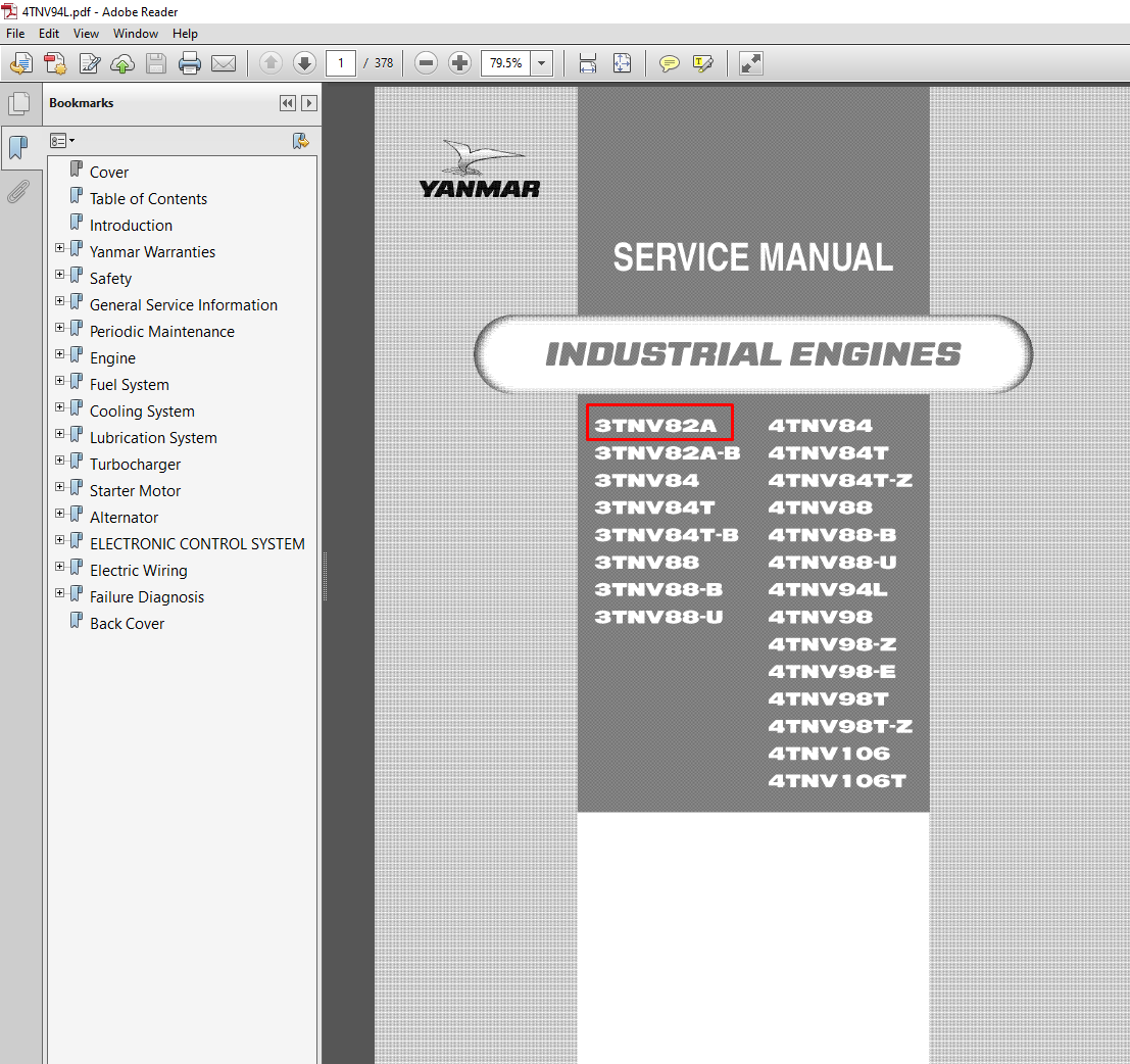 Yanmar 3TNV82A service manual cover featuring technical diagrams and specifications for engine maintenance and repair