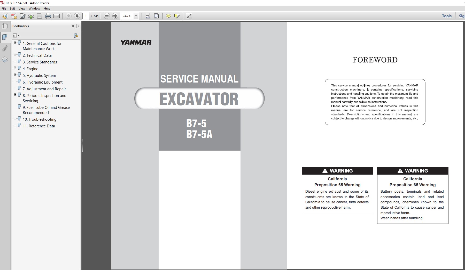 Yanmar B7-5 Excavator Service Repair Manual cover featuring the model name and technical illustrations