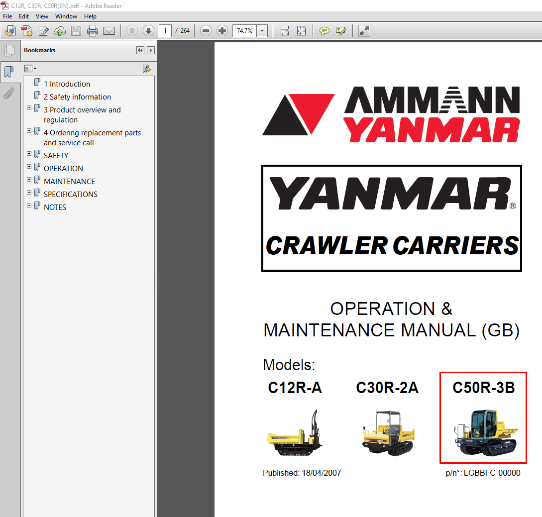 Yanmar C50R-3B Crawler Carrier manual cover, displaying operational guidelines and maintenance instructions