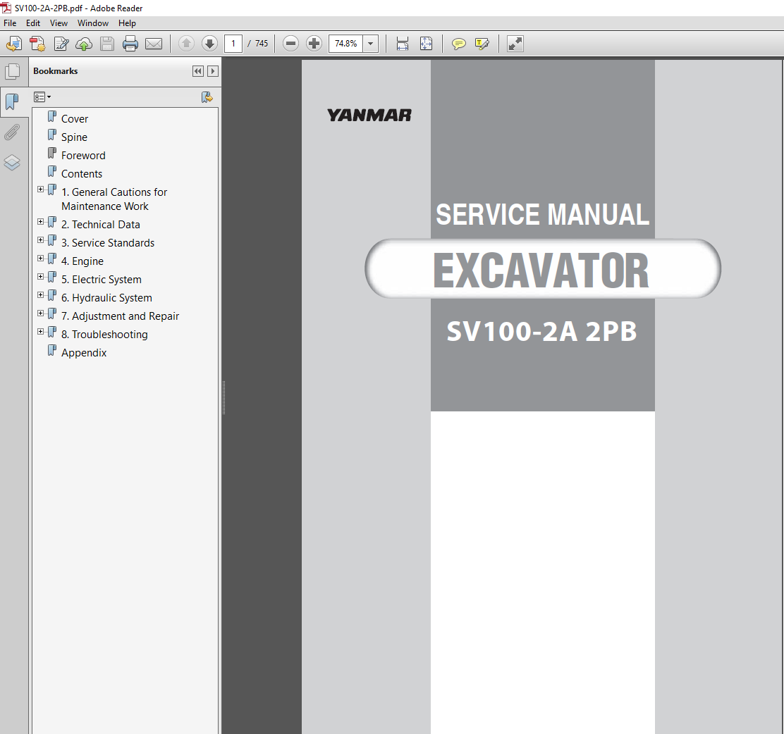 Yanmar SV100-2A 2PB Excavator Service Repair Manual cover featuring the model name and technical illustrations
