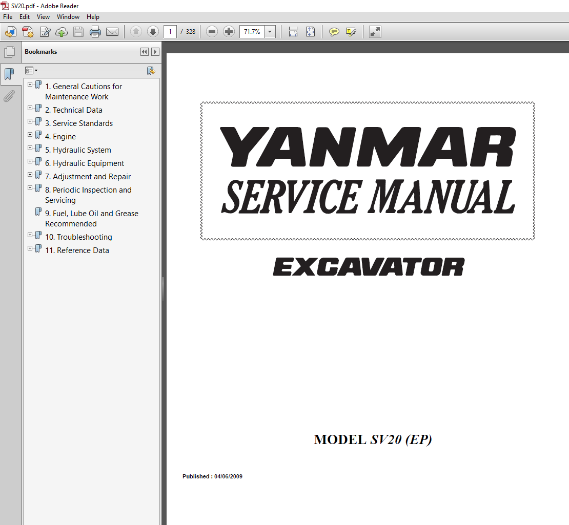 Yanmar SV20 Excavator Service Repair Manual, displaying the title and relevant technical graphics for maintenance guidance