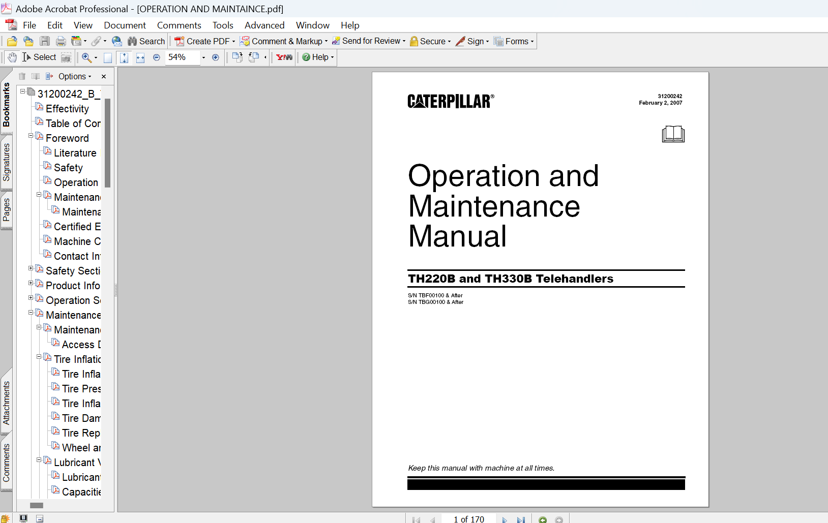 Caterpillar TH220B and TH330B Telehandler Operation and Maintenance Manual PDF