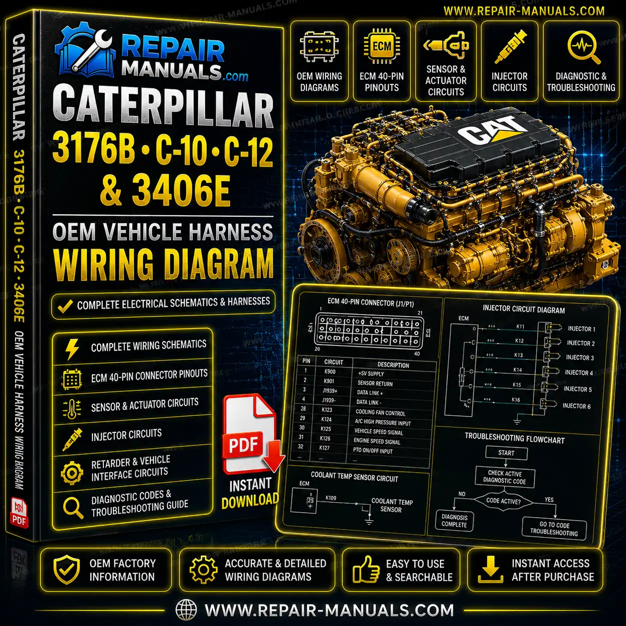 Caterpillar 3176B C10 C12 3406E OEM Vehicle Harness Wiring Diagram PDF Download