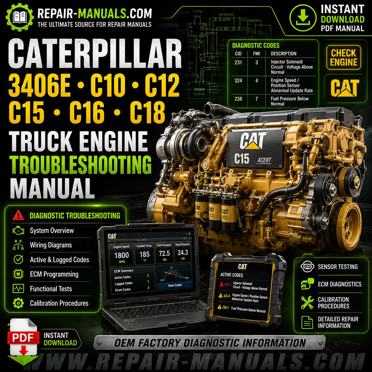 Caterpillar 3406E C10 C12 C15 C16 C18 Truck Engine Troubleshooting Manual PDF Download