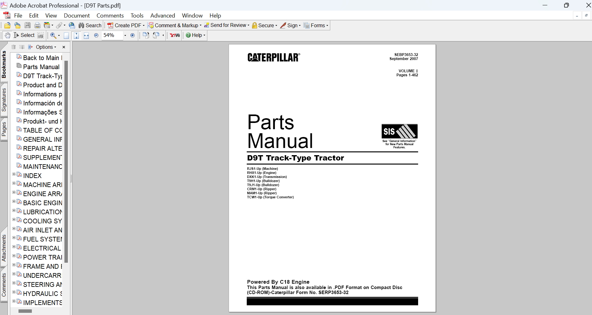 Caterpillar D9T Tractor Bulldozer Parts Manual PDF Download