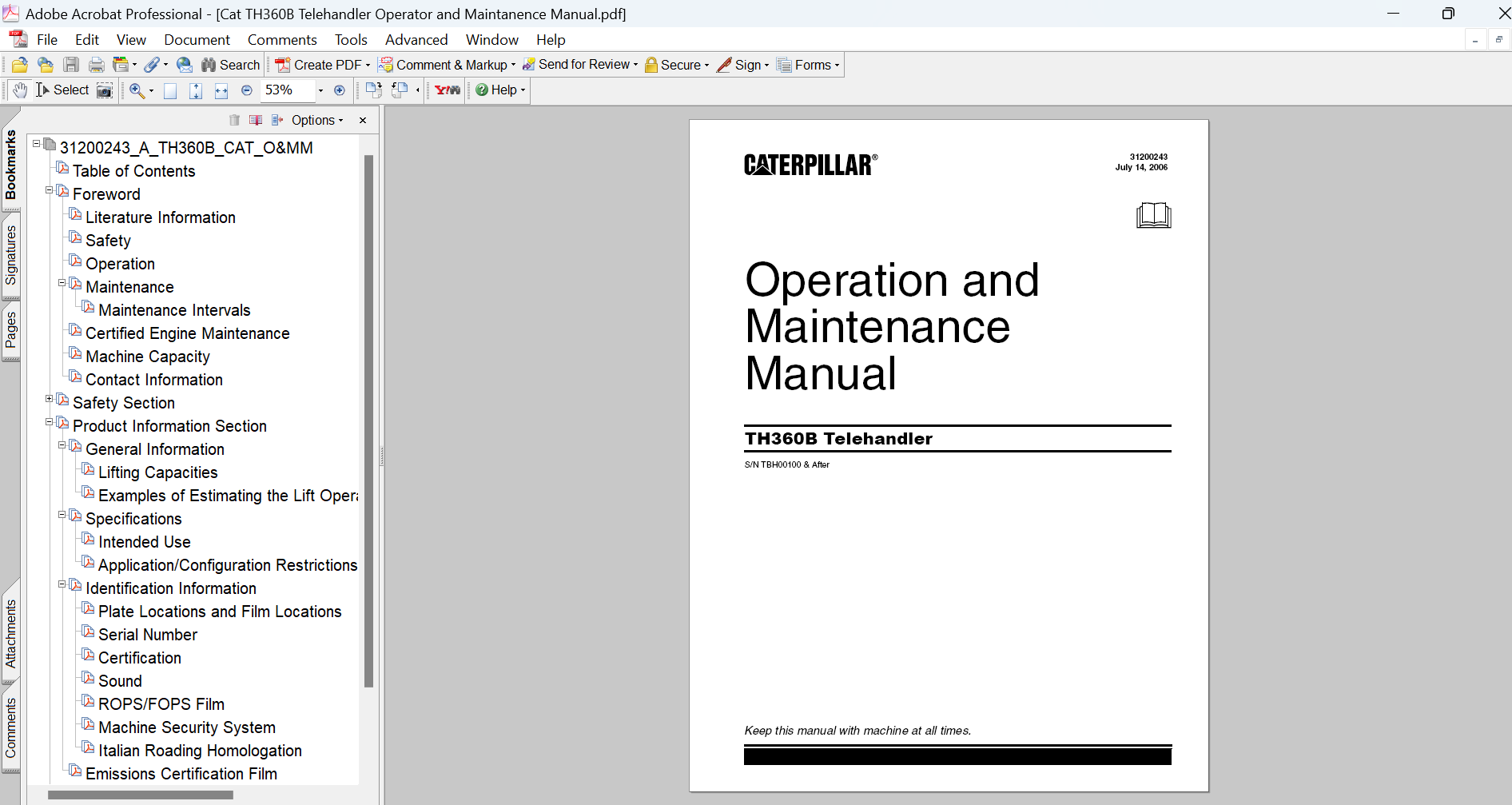 Caterpillar TH360B Telehandler Operation and Maintenance Manual PDF Download