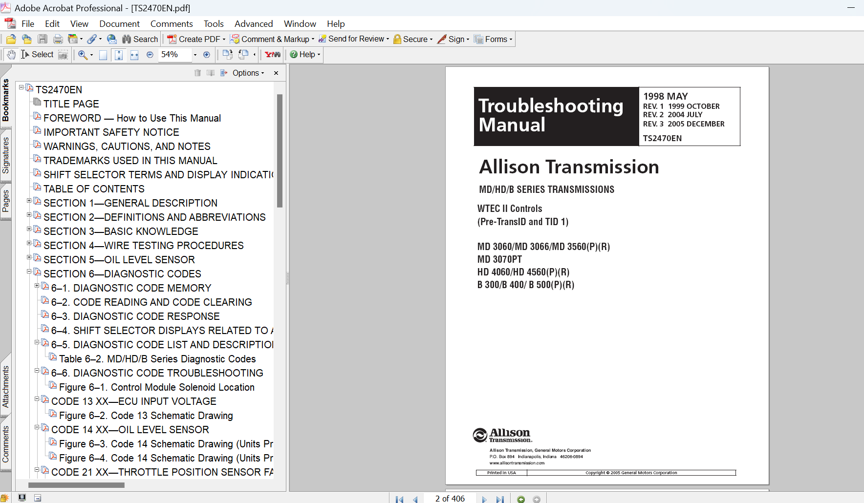 Allison MD HD B Series WTEC II Controls Troubleshooting Manual TS2470EN PDF