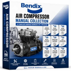 Bendix Air Compressor Manual Collection PDF featuring BA-921, BA-922, BX2150, DuraFlo 596, Tu-Flo 550, Tu-Flo 700, TU-FLO 750 and Advanced Troubleshooting Guide.