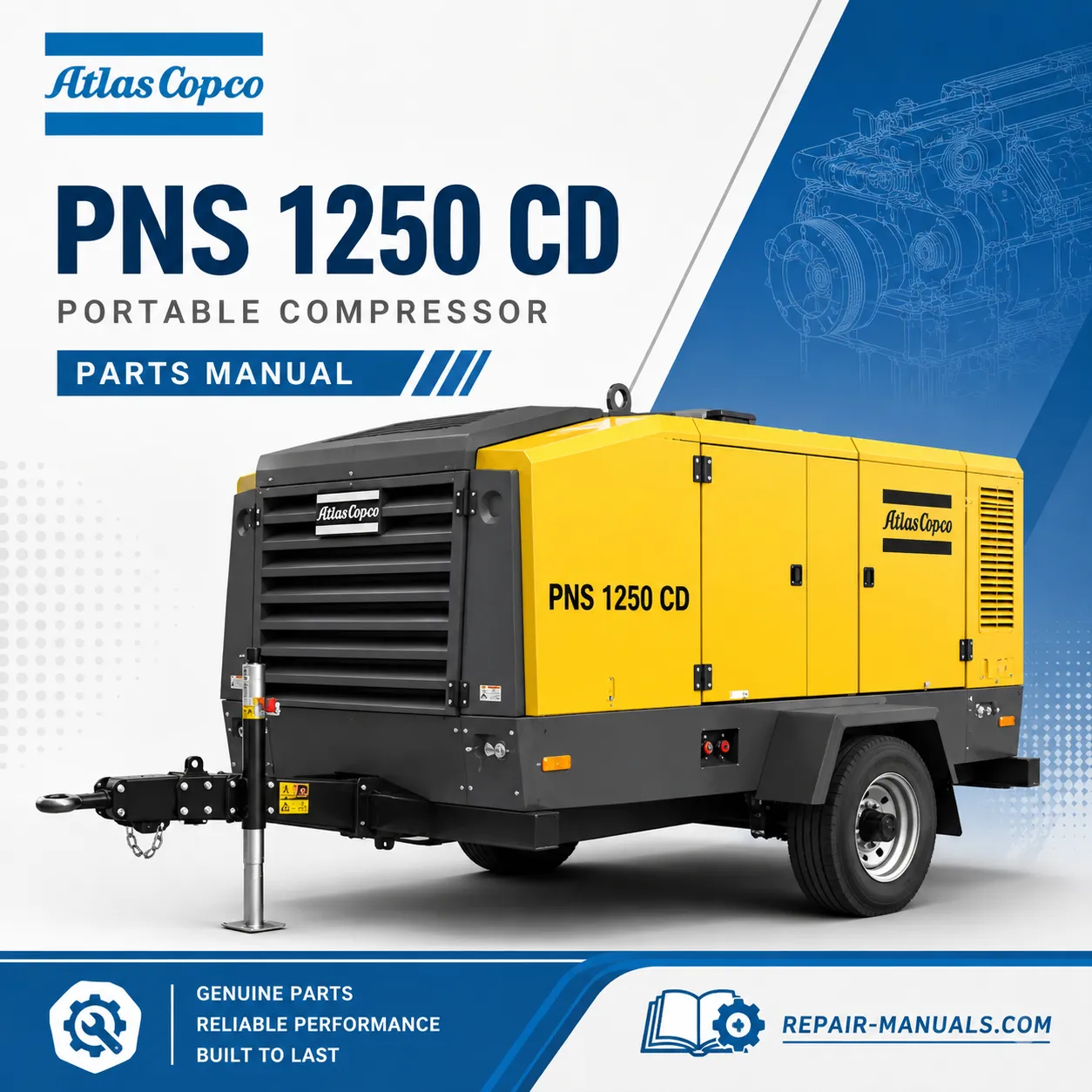 Atlas Copco PNS 1250 CD Portable Compressor Parts Manual PDF for Caterpillar C18 engine with illustrated OEM parts diagrams.